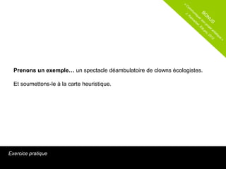 «
                                                                    C
                                                                     om
                                                                         m
                                                                    J.     un
                                                                              iq
                                                                                      BO
                                                                       R                    N
                                                                        am uer
                                                                           ac        so       U
                                                                             ke         n         S
                                                                                 r,       pr
                                                                                    Ed       oj
                                                                                               et
                                                                                      i.p         ar
                                                                                          ro
                                                                                            , 2 tisti
                                                                                                01   qu
                                                                                                  2    e
                                                                                                         »




  Prenons un exemple… un spectacle déambulatoire de clowns écologistes.

  Et soumettons-le à la carte heuristique.




Exercice pratique
 