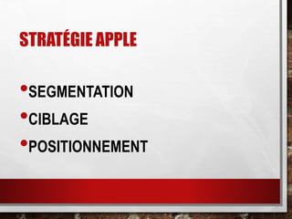 STRATÉGIE APPLE
•SEGMENTATION
•CIBLAGE
•POSITIONNEMENT
 