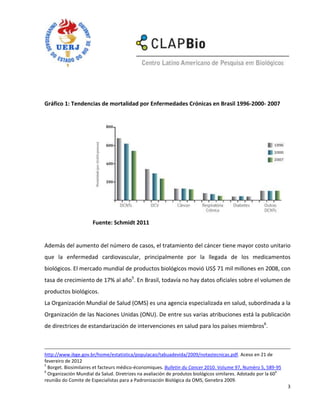 Gráfico 1: Tendencias de mortalidad por Enfermedades Crónicas en Brasil 1996-2000- 2007




                      Fuente: Schmidt 2011


Además del aumento del número de casos, el tratamiento del cáncer tiene mayor costo unitario
que la enfermedad cardiovascular, principalmente por la llegada de los medicamentos
biológicos. El mercado mundial de productos biológicos movió US$ 71 mil millones en 2008, con
tasa de crecimiento de 17% al año5. En Brasil, todavía no hay datos oficiales sobre el volumen de
productos biológicos.
La Organización Mundial de Salud (OMS) es una agencia especializada en salud, subordinada a la
Organización de las Naciones Unidas (ONU). De entre sus varias atribuciones está la publicación
de directrices de estandarización de intervenciones en salud para los países miembros6.



http://www.ibge.gov.br/home/estatistica/populacao/tabuadevida/2009/notastecnicas.pdf. Aceso en 21 de
fevereiro de 2012
5
  Borget. Biosimilaires et facteurs médico-économiques. Bulletin du Cancer 2010. Volume 97, Numéro 5, 589-95
6                                                                                                            a
  Organización Mundial da Salud. Diretrizes na avaliación de produtos biológicos similares. Adotado por la 60
reunião do Comite de Especialistas para a Padronización Biológica da OMS, Genebra 2009.
                                                                                                                 3
 