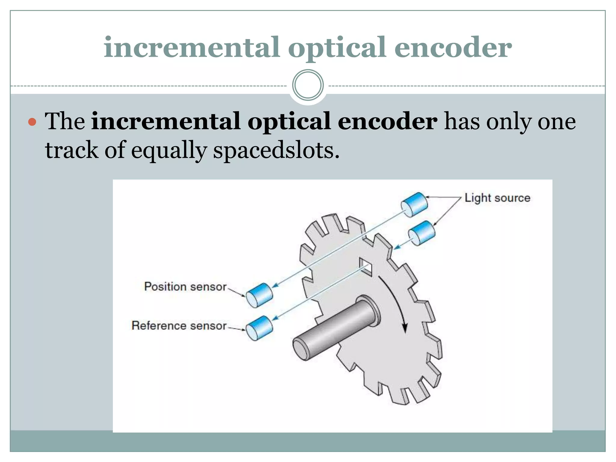 incremental optical encoder
 The incremental optical encoder has only one
track of equally spacedslots.
 