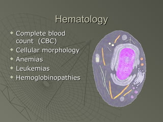 Hematology
   Complete blood
    count (CBC)
   Cellular morphology
   Anemias
   Leukemias
   Hemoglobinopathies
 