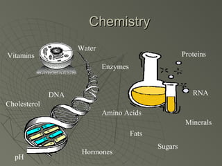 Chemistry
                    Water
Vitamins                                              Proteins
                            Enzymes


              DNA                                        RNA
Cholesterol
                            Amino Acids
                                                       Minerals
                                      Fats
                                             Sugars
                     Hormones
  pH
 