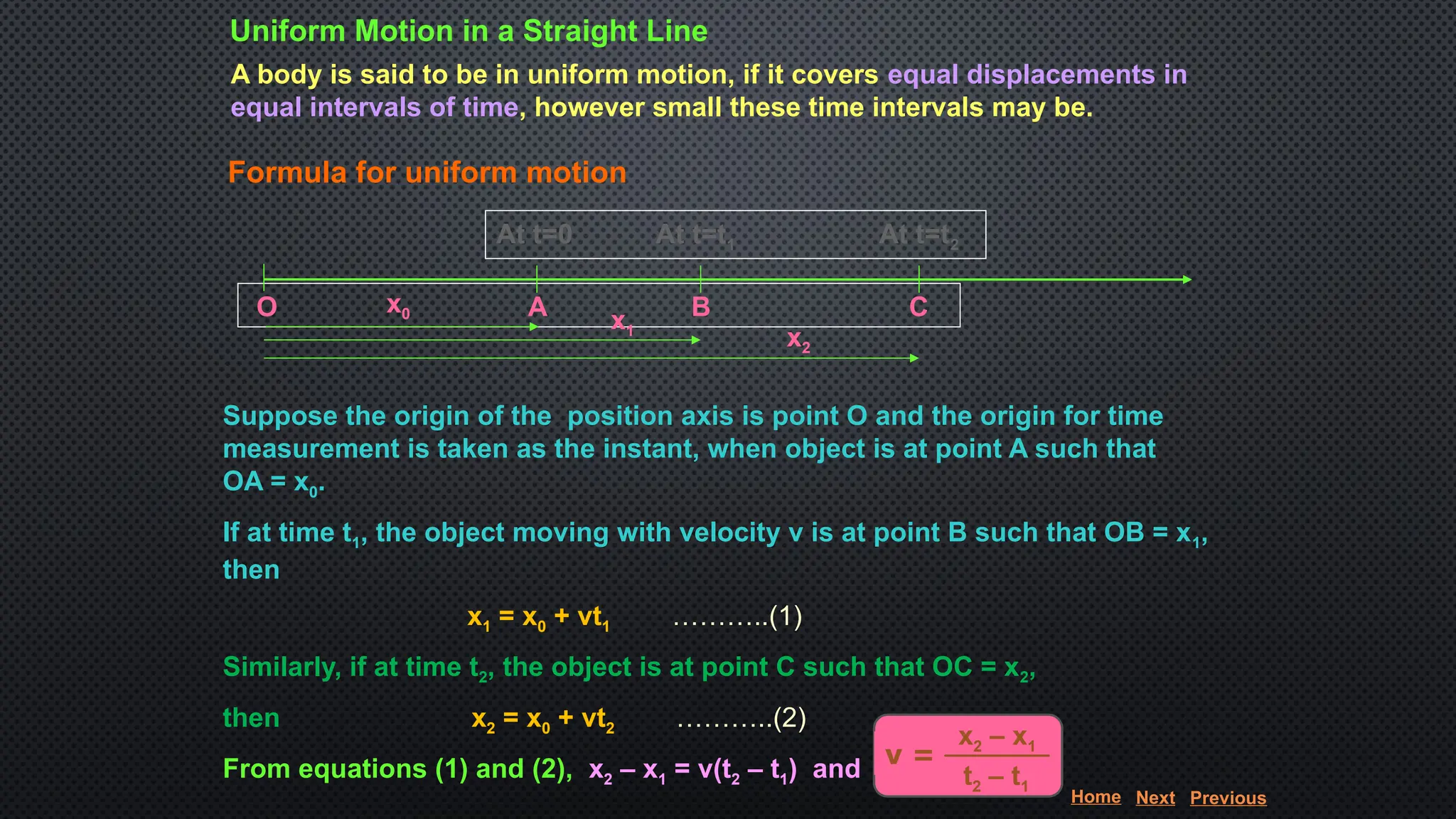 Uniform Motion in a Straight Line
A body is said to be in uniform motion, if it covers equal displacements in
equal intervals of time, however small these time intervals may be.
Formula for uniform motion
At t=0 At t=t1 At t=t2
O A B C
Suppose the origin of the position axis is point O and the origin for time
measurement is taken as the instant, when object is at point A such that
OA = x0.
If at time t1, the object moving with velocity v is at point B such that OB = x1,
then
x1 = x0 + vt1 ………..(1)
Similarly, if at time t2, the object is at point C such that OC = x2,
then x2 = x0 + vt2 ………..(2)
From equations (1) and (2), x2 – x1 = v(t2 – t1) and
x1
x2
v =
x2 – x1
t2 – t1
x0
Home Next Previous
 