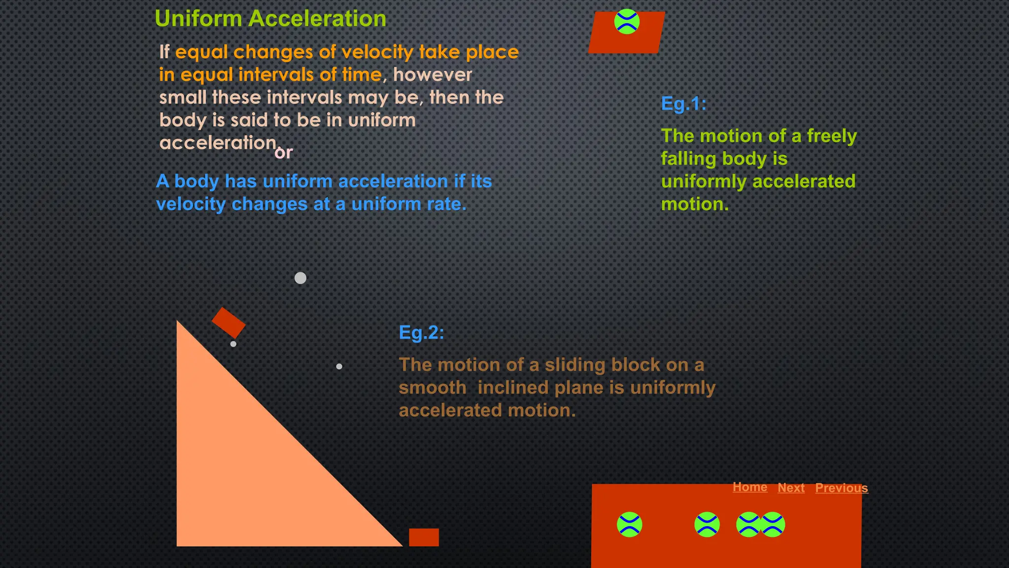 Eg.2:
The motion of a sliding block on a
smooth inclined plane is uniformly
accelerated motion.
Uniform Acceleration
A body has uniform acceleration if its
velocity changes at a uniform rate.
If equal changes of velocity take place
in equal intervals of time, however
small these intervals may be, then the
body is said to be in uniform
acceleration.
or
Eg.1:
The motion of a freely
falling body is
uniformly accelerated
motion.
Home Next Previous
 