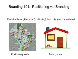 1 Branding 101:Positioning vs. Branding First pick the neighborhood (positioning), then build your house (brand) Positioning, verb Brand, noun 