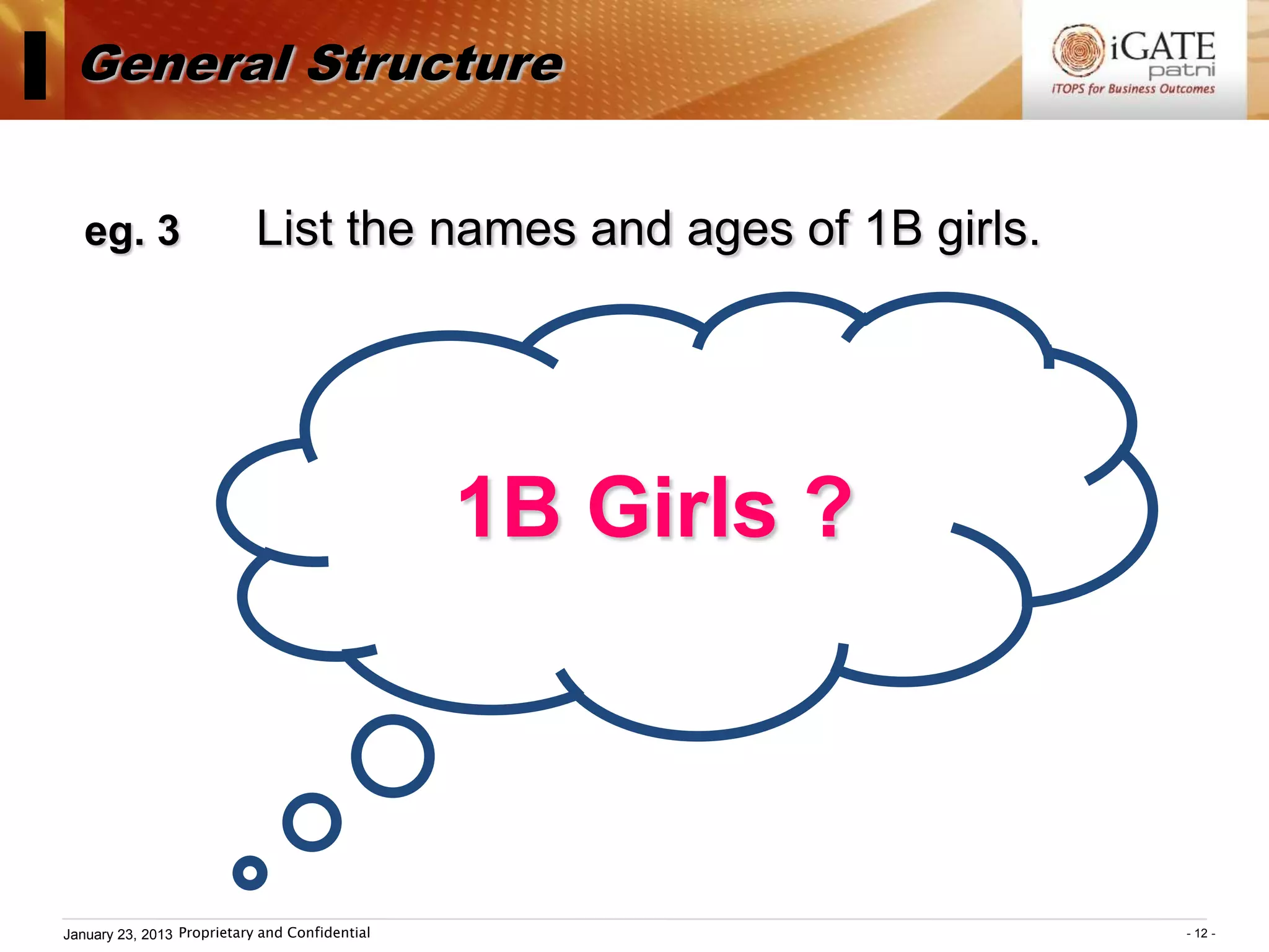 I General Structure
    eg. 3                    List the names and ages of 1B girls.




                                                 1B Girls ?



 January 23, 2013 Proprietary and Confidential                      - 12 -
 