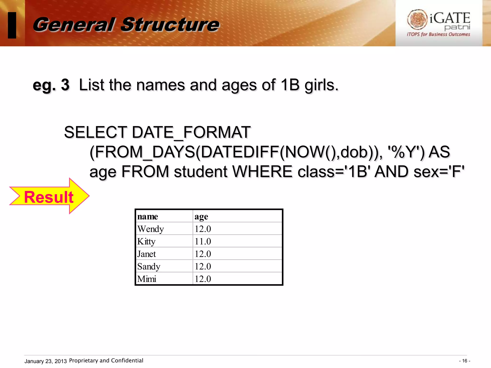 I     General Structure

       eg. 3 List the names and ages of 1B girls.

                  SELECT DATE_FORMAT
                    (FROM_DAYS(DATEDIFF(NOW(),dob)), '%Y') AS
                    age FROM student WHERE class='1B' AND sex='F'
    Result
                                              name    age
                                              Wendy   12.0
                                              Kitty   11.0
                                              Janet   12.0
                                              Sandy   12.0
                                              Mimi    12.0




    January 23, 2013 Proprietary and Confidential               - 16 -
 