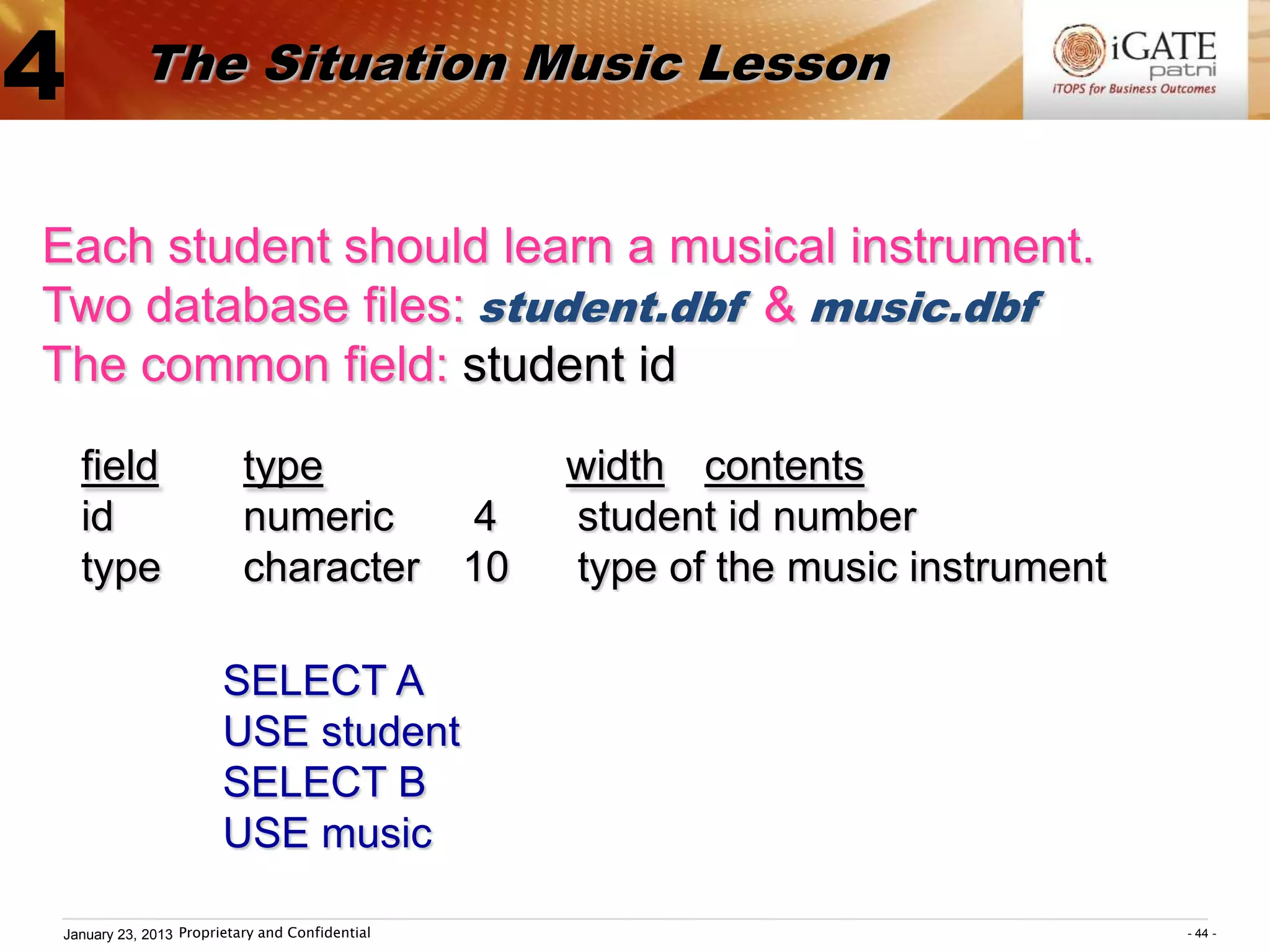 4          The Situation Music Lesson


Each student should learn a musical instrument.
Two database files: student.dbf & music.dbf
The common field: student id

    field                 type                       width contents
    id                    numeric               4    student id number
    type                  character             10   type of the music instrument

                       SELECT A
                       USE student
                       SELECT B
                       USE music

January 23, 2013 Proprietary and Confidential                                       - 44 -
 