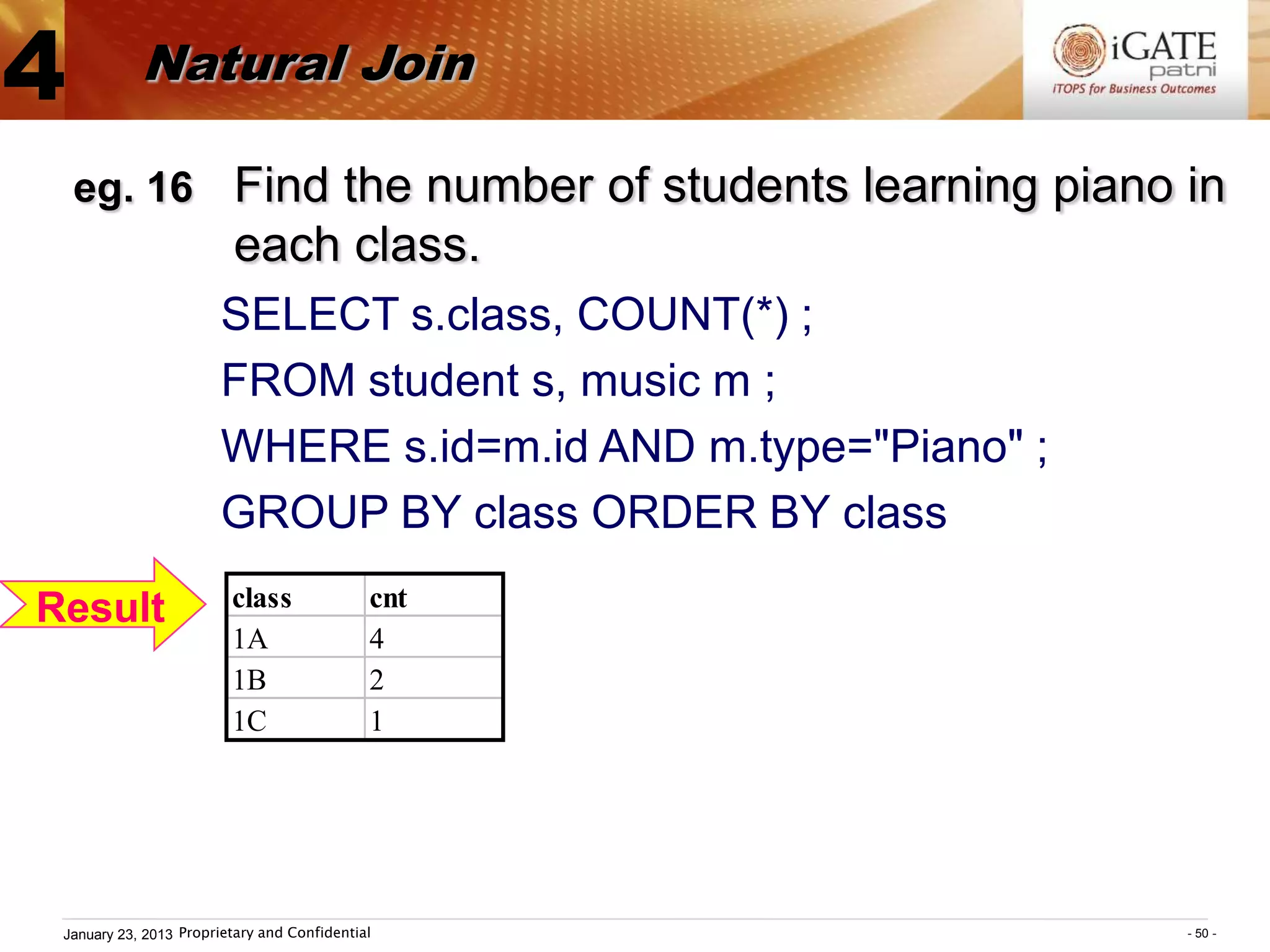 4           Natural Join

    eg. 16 Find the number of students learning piano in
                         each class.
                        SELECT s.class, COUNT(*) ;
                        FROM student s, music m ;
                        WHERE s.id=m.id AND m.type="Piano" ;
                        GROUP BY class ORDER BY class

Result                   class               cnt
                         1A                  4
                         1B                  2
                         1C                  1




 January 23, 2013 Proprietary and Confidential                 - 50 -
 