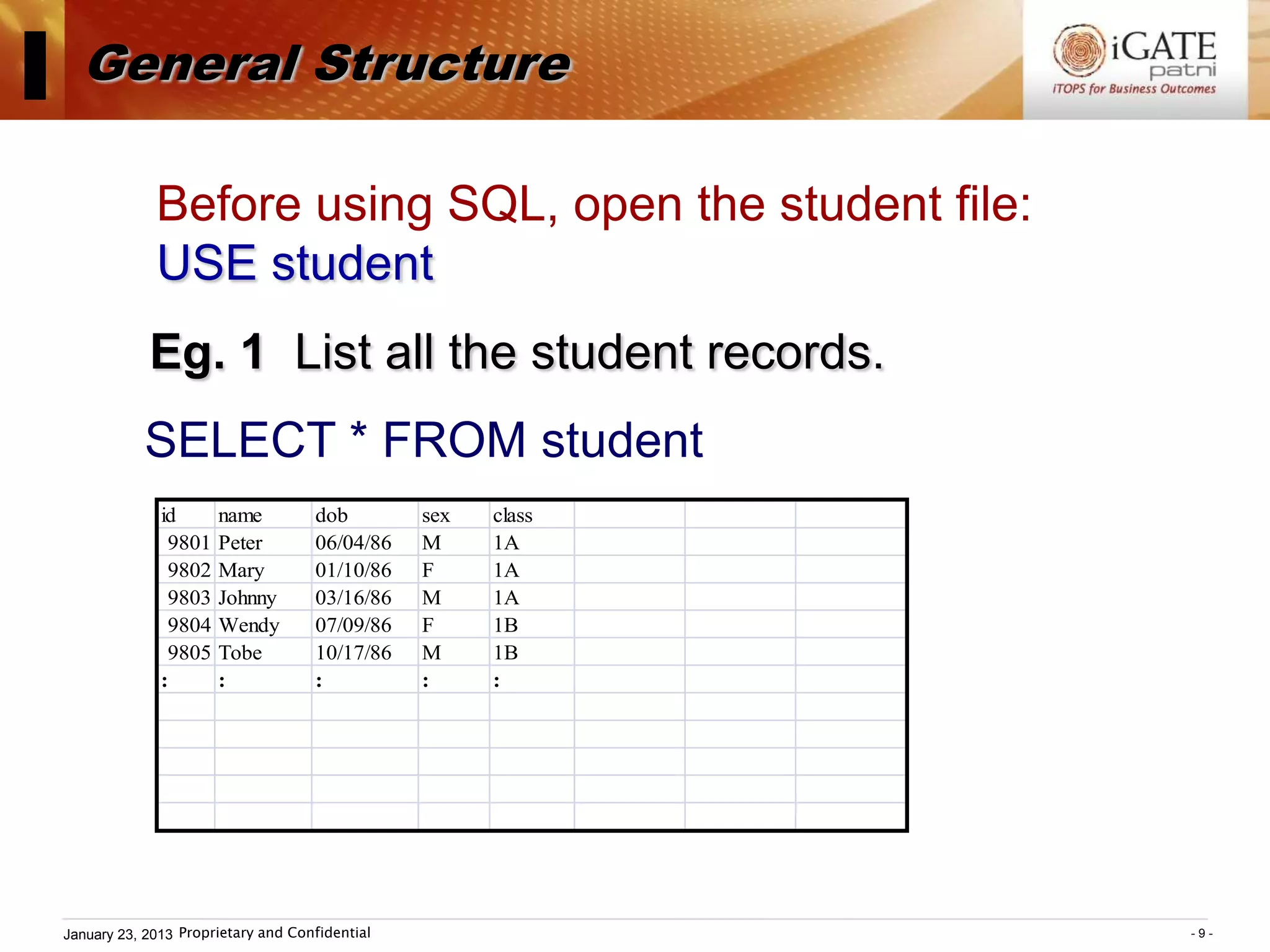I General Structure
              Before using SQL, open the student file:
              USE student
             Eg. 1 List all the student records.
            SELECT * FROM student
               id      name          dob         sex   class
                9801   Peter         06/04/86    M     1A
                9802   Mary          01/10/86    F     1A
                9803   Johnny        03/16/86    M     1A
                9804   Wendy         07/09/86    F     1B
                9805   Tobe          10/17/86    M     1B
               :       :             :           :     :




 January 23, 2013 Proprietary and Confidential                 -9-
 