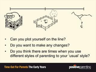 • Can you plot yourself on the line?
• Do you want to make any changes?
• Do you think there are times when you use
different styles of parenting to your ‘usual’ style?
 