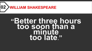WILLIAM SHAKESPEARE
“Better three hours
too soon than a
minute
too late.”
02
 