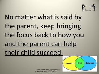 No matter what is said by
the parent, keep bringing
the focus back to how you
and the parent can help
their child succeed.
SLIDE SHOW: http://goo.gl/yoouJ
HANDOUTS: http://goo.gl/dsafJ
 