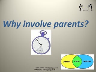 Why involve parents?
SLIDE SHOW: http://goo.gl/yoouJ
HANDOUTS: http://goo.gl/dsafJ
 