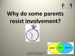 Why do some parents
resist involvement?
SLIDE SHOW: http://goo.gl/yoouJ
HANDOUTS: http://goo.gl/dsafJ
 