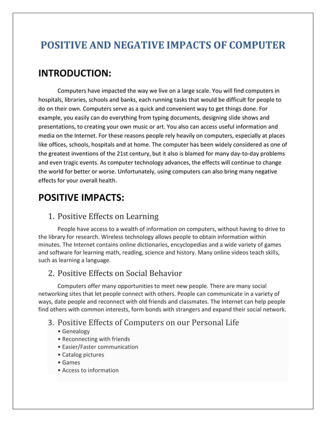 Positive And Negative Impacts Of Computer