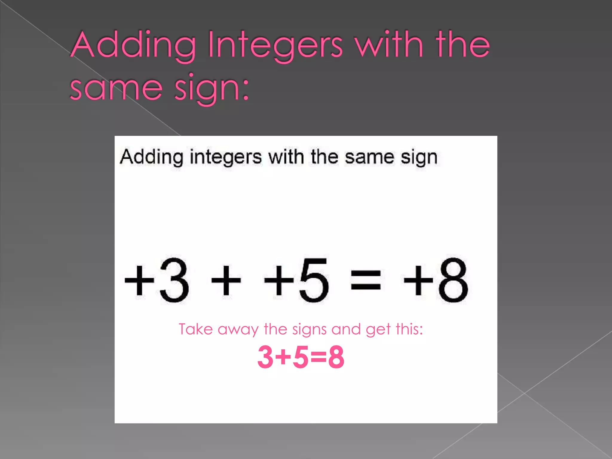 Adding Integers with the same sign:Take away the signs and get this:3+5=8