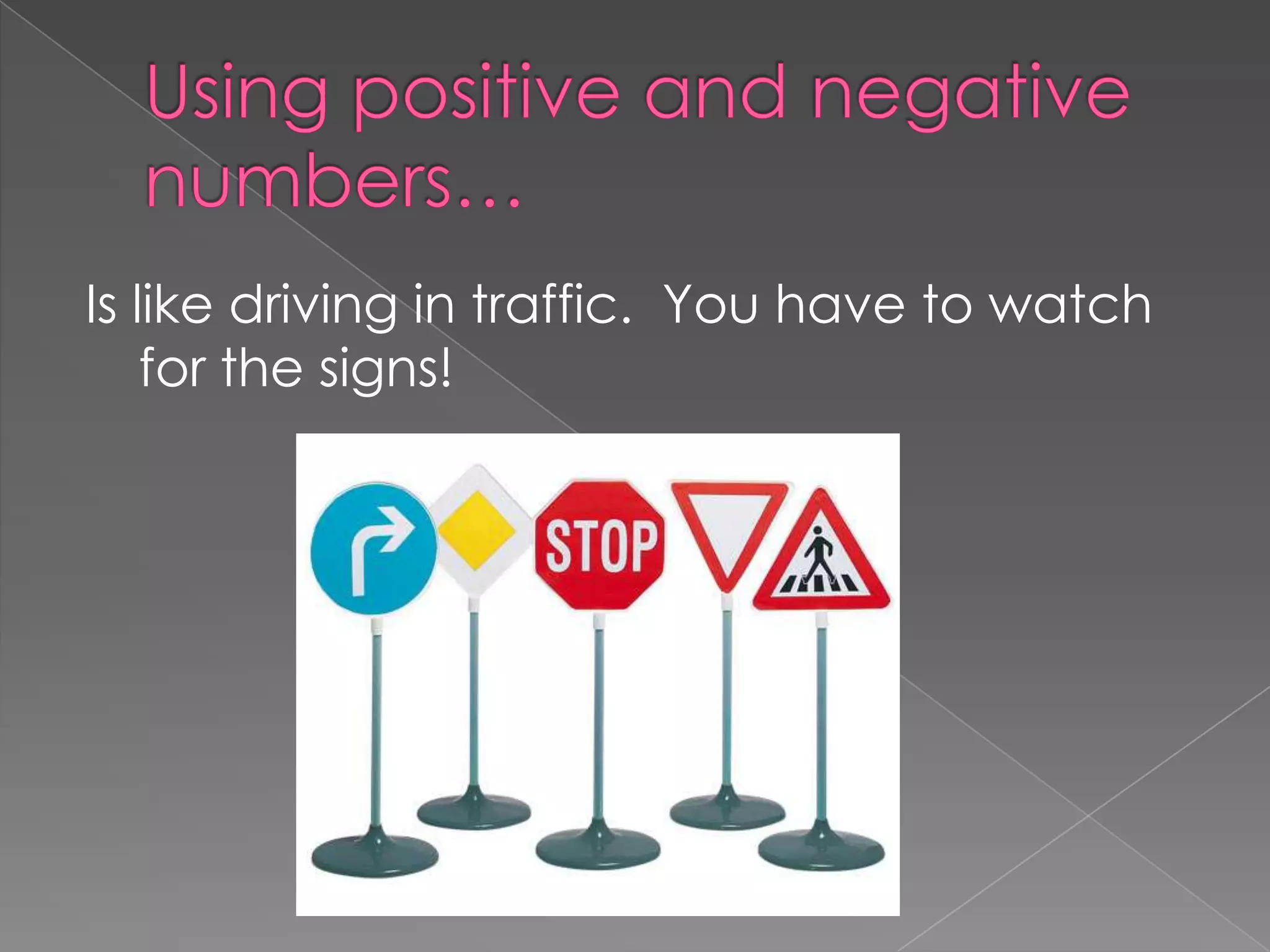 Using positive and negative numbers…Is like driving in traffic. You have to watch for the signs!