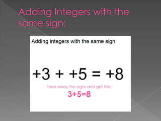 Adding Integers with the same sign:Take away the signs and get this:3+5=8