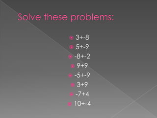 Solve these problems:3+-85+-9-8+-29+9-5+-93+9-7+410+-4