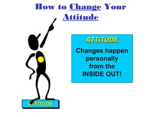 How to Change Your
Attitude
ATTITUDEATTITUDEATTITUDEATTITUDE
ATTITUDEATTITUDEATTITUDEATTITUDE
Changes happen
personally
from the
INSIDE OUT!
 