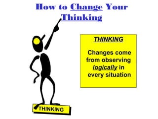 How to Change Your
Thinking
THINKINGTHINKING
THINKINGTHINKINGTHINKINGTHINKING
Changes come
from observing
logically in
every situation
 