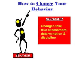 How to Change Your
Behavior
BEHAVIORBEHAVIORBEHAVIORBEHAVIOR
BEHAVIORBEHAVIORBEHAVIORBEHAVIOR
Changes take
true assessment,
determination &
discipline
 