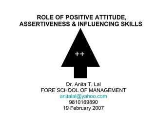 ROLE OF POSITIVE ATTITUDE, ASSERTIVENESS & INFLUENCING SKILLS  Dr. Anita T. Lal FORE SCHOOL OF MANAGEMENT [email_address]   9810169890 19 February 2007 ++ 