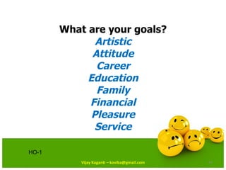 What are your goals? Artistic Attitude Career Education Family Financial Pleasure Service Vijay Koganti – koviba@gmail.com...