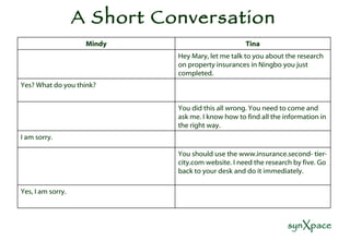 A Short Conversation Yes, I am sorry. You should use the www.insurance.second- tier-city.com website. I need the research by five. Go back to your desk and do it immediately. I am sorry. You did this all wrong. You need to come and ask me. I know how to find all the information in the right way. Yes? What do you think? Hey Mary, let me talk to you about the research on property insurances in Ningbo you just completed. Tina Mindy 