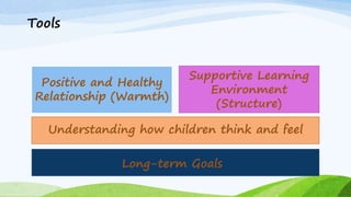 Tools
Positive and Healthy
Relationship (Warmth)
Supportive Learning
Environment
(Structure)
Understanding how children think and feel
Long-term Goals
 