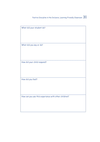 31Positive Discipline in the Inclusive, Learning-Friendly Classroom
What did your student do?
What did you say or do?
How did your child respond?
How did you feel?
How can you use this experience with other children?
 