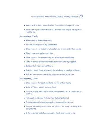 73Positive Discipline in the Inclusive, Learning-Friendly Classroom
‹‹ Assist with at least one school or classroom activity each term.
‹‹ Read with my child for at least 10 minutes each day or let my child
read to me.
As a student, I will:
‹‹ Always try to do my best work.
‹‹ Be kind and helpful to my classmates.
‹‹ Show respect for myself, my teacher, my school, and other people.
‹‹ Obey classroom and school rules.
‹‹ Show respect for property by not stealing or vandalizing.
‹‹ Come to school prepared with my homework and my supplies.
‹‹ Believe that I can and will learn.
‹‹ Spend at least 15 minutes each day studying or reading at home.
‹‹ Talk with my parents each day about my school activities.
As a teacher, I will:
‹‹ Show respect for each child and for his or her family.
‹‹ Make efficient use of learning time.
‹‹ Provide a safe and comfortable environment that's conducive to
learning.
‹‹ Help each child grow to his or her fullest potential.
‹‹ Provide meaningful and appropriate homework activities.
‹‹ Provide necessary assistance to parents so they can help with
assignments.
‹‹ Enforce school and classroom rules fairly and consistently.
 