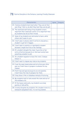 78 Positive Discipline in the Inclusive, Learning-Friendly Classroom
Characteristic Agree Disagree
15.	I believe students learn best when “they can do their
own thing,” that is, do what they feel they can do well.
16.	The emotional well-being of my students is more
important than classroom control. It is important that
my students see me as their friend.
17.	Some of my students are motivated to learn, while
others don’t seem to care.
18.	I don’t plan in advance what I will do to discipline a
student. I just let it happen.
19.	I don’t want to monitor or reprimand a student
because it might hurt his or her feelings.
20.	If a student disrupts the class, I give him or her
extra attention because he or she must surely have
something valuable to add.
21.	If a student requests to leave the room, I always
honour it.
22.	I don’t want to impose any rules on my students.
23.	I use the same lesson plans and activities year after
year so I don’t have to prepare in advance for my
classes.
24.	Field trips and special projects are not possible.
I don’t have the time to prepare for them.
25.	I may show a film or slideshow instead of lecturing.
26.	My students tend to look around the room and out of
the windows a lot.
27.	If the lesson ends early, my students can study
quietly or talk softly.
28.	I rarely discipline my students. If a student turns in a
homework assignment late, it is not my problem.
	
 