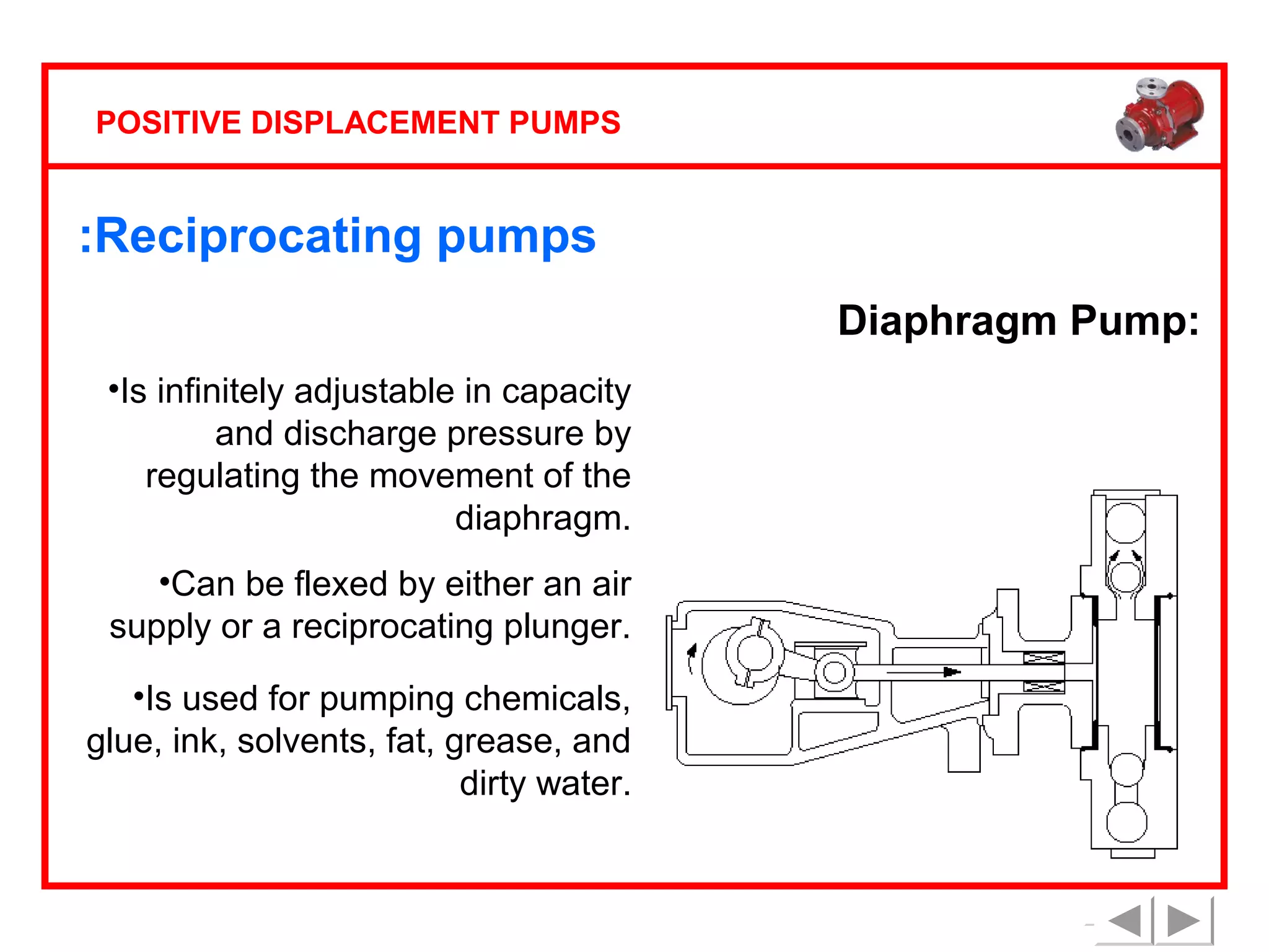 POSITIVE DISPLACEMENT PUMPS

:Reciprocating pumps
Diaphragm Pump:
•Is infinitely adjustable in capacity
and discharge pressure by
regulating the movement of the
diaphragm.
•Can be flexed by either an air
supply or a reciprocating plunger.
•Is used for pumping chemicals,
glue, ink, solvents, fat, grease, and
dirty water.

 