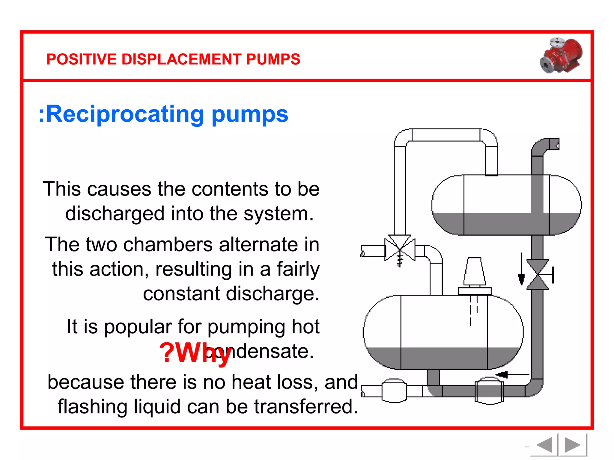 POSITIVE DISPLACEMENT PUMPS

:Reciprocating pumps
Blow case pump:
This causes the contents to be
discharged into the system.
The two chambers alternate in
this action, resulting in a fairly
constant discharge.
It is popular for pumping hot
condensate.
?Why
because there is no heat loss, and
flashing liquid can be transferred.

 