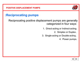 POSITIVE DISPLACEMENT PUMPS

:Reciprocating pumps
Reciprocating positive displacement pumps are generally
categorized in four ways:
1. Direct-acting or Indirect-acting.
2. Simplex or Duplex .
3. Single-acting or Double-acting .
4. Power pumps.

 