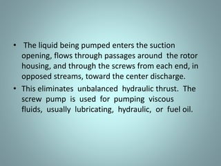 Working principle of Multi Screw
Pump:
• Liquid is trapped at the outer end of each pair of
screws.
• As the first space between the screw threads
rotates away from the opposite screw, a one-turn,
spiral-shaped quantity of liquid is enclosed when
the end of the screw again meshes with the
opposite screw.
• As the screw continues to rotate, the entrapped
spiral turns of liquid slide along the cylinder
toward the center discharge space while the next
liquid is being entrapped.
 