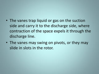 GEAR PUMPS
LOBE PUMPS
SCREW PUMPS
CAM PUMPS
VANE PUMPS
ROTARY PUMPS
 Piston slide arm moves around inside a
slot in the casing.
 An eccentric cam rotates the circular
plunger (shown in gray) around the edge
of the casing, fluid is swirled around the
edge to the outlet port.
 It is not in use now and is mainly of
historical curiosity.
 