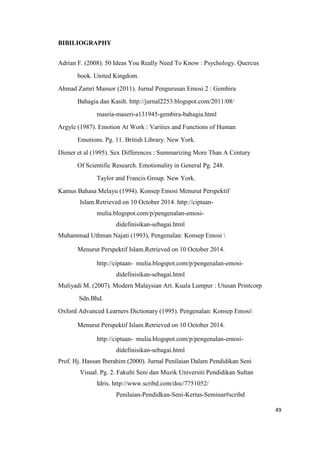 49
BIBILIOGRAPHY
Adrian F. (2008). 50 Ideas You Really Need To Know : Psychology. Quercus
book. United Kingdom.
Ahmad Zamri Mansor (2011). Jurnal Pengurusan Emosi 2 : Gembira
Bahagia dan Kasih. http://jurnal2253.blogspot.com/2011/08/
masria-maseri-a131945-gembira-bahagia.html
Argyle (1987). Emotion At Work : Varities and Functions of Human
Emotions. Pg. 11. British Library. New York.
Diener et al (1995). Sex Differences : Summarizing More Than A Century
Of Scientific Research. Emotionality in General Pg. 248.
Taylor and Francis Group. New York.
Kamus Bahasa Melayu (1994). Konsep Emosi Menurut Perspektif
Islam.Retrieved on 10 October 2014. http://ciptaan-
mulia.blogspot.com/p/pengenalan-emosi-
didefinisikan-sebagai.html
Muhammad Uthman Najati (1993), Pengenalan: Konsep Emosi 
Menurut Perspektif Islam.Retrieved on 10 October 2014.
http://ciptaan- mulia.blogspot.com/p/pengenalan-emosi-
didefinisikan-sebagai.html
Muliyadi M. (2007). Modern Malaysian Art. Kuala Lumpur : Utusan Printcorp
Sdn.Bhd.
Oxford Advanced Learners Dictionary (1995). Pengenalan: Konsep Emosi
Menurut Perspektif Islam.Retrieved on 10 October 2014.
http://ciptaan- mulia.blogspot.com/p/pengenalan-emosi-
didefinisikan-sebagai.html
Prof. Hj. Hassan Iberahim (2000). Jurnal Penilaian Dalam Pendidikan Seni
Visual. Pg. 2. Fakulti Seni dan Muzik Universiti Pendidikan Sultan
Idris. http://www.scribd.com/doc/7751052/
Penilaian-Pendidkan-Seni-Kertas-Seminar#scribd
 