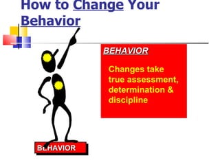 How to  Change  Your  Behavior BEHAVIOR BEHAVIOR Changes take true assessment, determination & discipline 