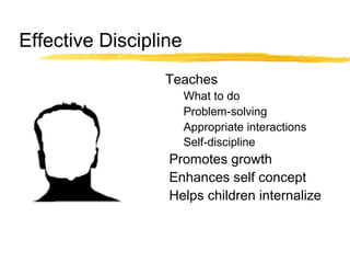 Effective Discipline
Teaches
What to do
Problem-solving
Appropriate interactions
Self-discipline
Promotes growth
Enhances self concept
Helps children internalize
 