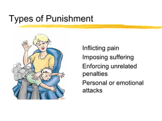 Types of Punishment
Inflicting pain
Imposing suffering
Enforcing unrelated
penalties
Personal or emotional
attacks
 
