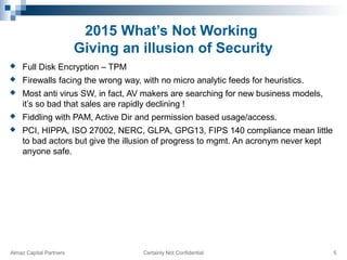 2015 What’s Not Working
Giving an illusion of Security
 Full Disk Encryption – TPM
 Firewalls facing the wrong way, with...
