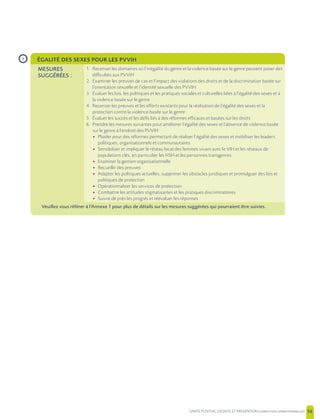 SANTE POSITIVE, DIGNITE ET PREVENTION | 36
ÉGALITÉ DES SEXES POUR LES PVVIH
MESURES
SUGGÉRÉES :
1. Recenser les domaines où l’inégalité du genre et la violence basée sur le genre peuvent poser des
difficultés aux PVVIH
2. Examiner les preuves de cas et l’impact des violations des droits et de la discrimination basée sur
l’orientation sexuelle et l’identité sexuelle des PVVIH
3. Évaluer les lois, les politiques et les pratiques sociales et culturelles liées à l’égalité des sexes et à
la violence basée sur le genre
4. Recenser les preuves et les efforts existants pour la réalisation de l’égalité des sexes et la
protection contre la violence basée sur le genre
5. Évaluer les succès et les défis liés à des réformes efficaces et basées sur les droits
6. Prendre les mesures suivantes pour améliorer l’égalité des sexes et l’absence de violence basée
sur le genre à l’endroit des PVVIH
• Plaider pour des réformes permettant de réaliser l’égalité des sexes et mobiliser les leaders
politiques, organisationnels et communautaires
• Sensibiliser et impliquer le réseau local des femmes vivant avec le VIH et les réseaux de
populations clés, en particulier les HSH et les personnes transgenres
• Examiner la gestion organisationnelle
• Recueillir des preuves
• Adapter les politiques actuelles, supprimer les obstacles juridiques et promulguer des lois et
politiques de protection
• Opérationnaliser les services de protection
• Combattre les attitudes stigmatisantes et les pratiques discriminatoires
• Suivre de près les progrès et réévaluer les réponses
Veuillez vous référer à l’Annexe 1 pour plus de détails sur les mesures suggérées qui pourraient être suivies.
›