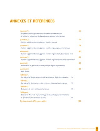 POSITIVE HEALTH, DIGNITY AND PREVENTION | 54
ANNEXES ET RÉFÉRENCES
Annexe 1: 55
Etapes suggerees pour elaborer, mettre en œuvre et assurer
le suivi d’un programme de Sante Positive, Dignite et Prevention
Annexe 2: 77
Actions supplementaires suggerees pour les reseaux
Annexe 3: 79
Actions supplementaires suggerees pour les organes gouvernementaux
Annexe 4: 80
Actions supplementaires suggerees pour les organisations de la societe civile
Annexe 5: 81
Actions supplementaires suggerees pour les organes nationaux de coordination
Annex 6: 82
Planification et gestion de la sante positive, dignite et prevention
Annexe 7: 83
Indicateurs
Tableau 1
Cartographie des partenaires et des actions pour l’opérationnalisation 94
Tableau 2
Cartographie des structures, des systèmes et des parties prenantes 97
Tableau 3
Évaluation du cadre politique et juridique 99
Tableau 4
Population des pvvih et pourcentage de couverture pour le traitement,
la prévention, les soins et le soutien 101
Ressources et références utiles 104