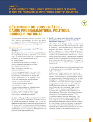  , | 55
Vous trouverez ci-dessous quelques mesures à suivre,
afin d’identifier les possibilités de mettre en œuvre
un programme d’action de Santé positive, Dignité et
Prévention dans votre pays ou pour votre organisation.
PROCESSUS SUGGÉRÉ :
1 Qui sont les personnes vivant avec le VIH dans
votre pays ?
Placer les personnes vivant avec le VIH au centre nécessite
de comprendre qui sont les personnes vivant avec le
VIH. Il est important de connaître les caractéristiques des
populations de personnes vivant avec le VIH :
- Par genre et par âge
- Les données socioéconomiques (exemple, la
situation professionnelle, l’identité ethnique,
les niveaux d’instruction, etc.)
- Le lieu de résidence (exemple, zone
rurale ou zone urbaine)
- Si ce sont des populations clés vivant avec le VIH
(exemple, les HSH, les professionnel(le)s du sexe,
les personnes consommatrices de drogues, les
femmes vivant avec le VIH, les prisonniers, etc.).
- Toutes ces caractéristiques démographiques
vous permettront de déterminer :
- si et comment les individus peuvent
avoir accès aux services
- si et comment les programmes d’alphabétisation
et d’éducation touchent les individus ; et
- les forces, les lacunes et les limites en termes
d’exécution d’un ensemble de services global
et inclusif pour répondre à leurs besoins.
Letableau4delapage52offreunexempledelamanièrede
lister les populations de PVVIH. Bien souvent, l’on manque
de preuves en termes de prévalence des PVVIH par
catégories au-delà du genre et du mode de transmission. Le
fait de savoir où l’on manque de preuves épidémiologiques
est également une étape importante pour déterminer la
façon dont l’on pourrait surmonter les défis et élaborer des
politiques et des programmes inclusifs.
2 Quelles sont les preuves disponibles concernant
les expériences et les besoins prioritaires des
PVVIH dans votre pays ?
L’élaboration d’une stratégie fondée sur des preuves
pour l’opérationnalisation de la Santé positive, Dignité
et Prévention a besoin de s’appuyer sur des preuves qui
établissent les besoins prioritaires des PVVIH à partir
de leurs expériences en matière d’accès à la santé, à
l’éducation et à l’emploi, en matière de vie dans leurs
communautés et de défense des droits humains. L’on peut
trouver des preuves relatives aux expériences des PVVIH
dans la recherche menée par les institutions universitaires,
les enquêtes nationales, les évaluations de programmes
et de services ou la recherche-action dirigée par la
communauté.
L’on peut analyser les preuves concernant les expériences
et les besoins prioritaires des PVVIH sous différents «
angles », comme suit :
- L’accès aux services de traitement, de prévention, de
soins et soutien du VIH, notamment la santé sexuelle et
reproductive. Il est important de rechercher des preuves
non seulement sur les niveaux de couverture de services,
mais également des preuves sur la qualité des services
qui affectent l’accessibilité des services pour les PVVIH ;
- La stigmatisation et la discrimination vécues. L’Index
de la stigmatisation des PVVIH, par exemple, s’il est
mis en œuvre dans votre pays par le réseau national
de PVVIH, fournira des preuves sur les lieux et la
manière dont la stigmatisation subie de l’extérieur se
manifeste dans la communauté et la manière dont l’auto-
stigmatisation affecte la qualité de vie des PVVIH ;
- Les violations de droits humains. Le document « Les
droits humains comptent ! », par exemple, s’il est mis
en œuvre par le réseau national de PVVIH, offre des
preuves sur les moments et la manière dont les violations
des droits humains surviennent, ainsi que les actions de
recours qui sont posées et les résultats de ces actions.
Par ailleurs, lorsqu’il n’existe pas de recours, le document
donne des preuves sur les raisons de cette situation ;
etape
1
DÉTERMINER OU VOUS EN ÊTES :
CADRE PROGRAMMATIQUE, POLITIQUE,
JURIDIQUE NATIONAL
ANNEXE 1:
ETAPES SUGGEREES POUR ELABORER, METTRE EN ŒUVRE ET ASSURER
LE SUIVI D’UN PROGRAMME DE SANTE POSITIVE, DIGNITE ET PREVENTION