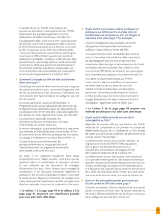  , | 56
- La qualité de vie des PVVIH. Cela implique les
preuves sur la situation et les expériences des PVVIH
relativement à la population générale en termes
d’éducation, de statut économique, d’emploi, etc. ;
- Les populations clés vivant avec le VIH. Le plus souvent,
les preuves concernant les populations clés vivant avec
le VIH se limitent aux jeunes et aux femmes vivant avec
le VIH. Les preuves sur les HSH, les professionnel(le)
s du sexe et les personnes consommatrices de drogues
vivant avec le VIH sont bien souvent rares ou même
totalement inexistantes. Toutefois, si elles existent, elles
peuvent fournir un éclairage précieux sur la manière de
surmonter les défis pour garantir les droits humains et
les droits de santé des populations marginalisées qui
sont confrontées à des vulnérabilités qui se recoupent
en termes de marginalisation et d’infection à VIH.
3 Comment la riposte au VIH est-elle coordonnée
dans votre pays ?
Cetteétapenécessitededéterminerlesprincipauxorganes
de coordination dans le pays, notamment l’organisme chef
de file, les partenaires et les ressources d’orientation qui
sont utilisées. Une façon de classer ces catégories pourrait
être la suivante :
- Le niveau national de riposte au VIH (exemple, le
Programme ou le Conseil national de lutte contre le sida,
le Mécanisme de coordination pays, les mécanismes de
coordination entre le VIH et la SSR ; cela inclut également
les ripostes au niveau régional et au niveau des districts) ;
- La coordination sectorielle (exemple, les
Ministères de la santé, de l’éducation, du travail
et de l’emploi, du soutien social, etc. ;
- Le niveau thématique, à cout terme/limité ou à long terme
(par exemple, le Tribunal des droits humains des PVVIH,
la Commission sur les réformes juridiques des restrictions
au voyage, à la résidence et au séjour liées au VIH) ; et
- Le type de partie prenante (exemple, les
groupes parlementaires, les groupes de travail
interconfessionnels, les organes de coordination
de la société civile sur le VIH, etc.).
En outre, il est important d’examiner cette étape
conjointement avec l’étape suivante. C'est-à-dire que les
questions liées à la coordination se recoupent souvent
et sont éclairées par les documents de stratégies
d’orientation d’un pays. Ainsi, lorsque vous envisagez la
coordination, il est nécessaire d’examiner également la
politique et les directives nationales en place concernant
la Santé positive, Dignité et Prévention, la stratégie et le
cadre nationaux liés à la prévention au VIH, ainsi que toute
directive nationale concernant le traitement et les soins.
> Le tableau 1 à la page page 94 et le tableau 2 à la
page page 97 proposent une classification possible
pour vous aider dans cette étape.
4 Quels sont les principaux cadres juridiques et
politiques qui définissent la manière dont et
les domaines où la riposte au VIH est dirigée et
exécutée dans votre pays ? Par exemple :
- Les plans stratégiques nationaux (plans de travail
à long terme et annuels) et les orientations et
politiques d’appui liées au VIH et à la SSR ;
- Les subventions du Fonds mondial de lutte contre le
sida, la tuberculose et le paludisme et les orientations
les accompagnant liées à la mise en œuvre et à la
coordination (dans les pays où des subventions du Fonds
mondial ont déjà été attribuées), les conditions et les
structures du PEPFAR (le cas échéant), ainsi que l’argent
local disponible pour appuyer la lutte contre le sida ; et
- Les cadres juridiques (spécifiques aux PVVIH,
concernant les relations sexuelles entre personnes
de même sexe, l’accès à la santé, les droits en
matière d’emploi et d’éducation, concernant les
personnes consommatrices de drogues et l’accès à
la réduction du risque, les restrictions concernant le
voyage, la résidence et le séjour basées sur le statut
sérologique, l’égalité des sexes, la SDSR, etc.).
> Le tableau 3 de la page page 99 propose une
méthode possible pour vous aider dans cette étape.
5 Quels sont les déterminants sociaux de la
vulnérabilité au VIH ?
Répondre de manière efficace aux besoins des PVVIH
nécessite de comprendre et de prendre en compte les
déterminants sociaux de la vulnérabilité au VIH au-delà
de l’accès aux services de traitement, de prévention et de
soins et soutien. Par exemple :
- Les déterminants sociaux vécus par les individus : la
stigmatisation envers les PVVIH et les populations
clés, le genre, les attitudes liées au sexe, à la
sexualité et la consommation de drogues, le rôle
des croyances religieuses et de la culture, etc. ;
- Les déterminants sociaux vécus par la communauté et/
ou le pays de manière générale : la situation économique
globale et les ressources disponibles pour les services, les
niveaux de chômage, les opportunités d’alphabétisation
et d’éducation, les capacités des systèmes et des secteurs
de la santé, de l’éducation et de l’emploi, ainsi que l’accès
aux services de soins de santé, aux services sociaux, etc.
6 Qui sont les principales parties prenantes qui
luttent contre le VIH dans votre pays ?
Certaines des étapes ci-dessus impliquent de recenser les
parties prenantes primaires dans la riposte nationale au
VIH (et à la SSR) et d’identifier le rôle de chacun. Une façon
de les catégoriser pourrait être comme suit :