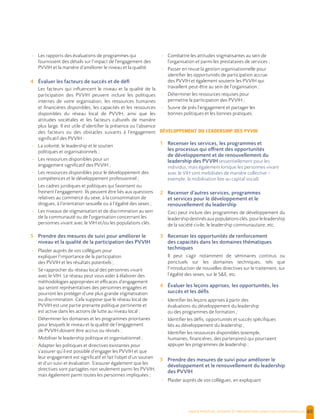  , | 60
- Les rapports des évaluations de programmes qui
fournissent des détails sur l’impact de l’engagement des
PVVIH et la manière d’améliorer le niveau et la qualité.
4 Évaluer les facteurs de succès et de défi
Les facteurs qui influencent le niveau et la qualité de la
participation des PVVIH peuvent inclure les politiques
internes de votre organisation, les ressources humaines
et financières disponibles, les capacités et les ressources
disponibles du réseau local de PVVIH, ainsi que les
attitudes sociétales et les facteurs culturels de manière
plus large. Il est utile d’identifier la présence ou l’absence
des facteurs ou des obstacles suivants à l’engagement
significatif des PVVIH :
- La volonté, le leadership et le soutien
politiques et organisationnels ;
- Les ressources disponibles pour un
engagement significatif des PVVIH ;
- Les ressources disponibles pour le développement des
compétences et le développement professionnel ;
- Les cadres juridiques et politiques qui favorisent ou
freinent l’engagement. Ils peuvent être liés aux questions
relatives au commerce du sexe, à la consommation de
drogues, à l’orientation sexuelle ou à l’égalité des sexes ;
- Les niveaux de stigmatisation et de discrimination au sein
de la communauté ou de l’organisation concernant les
personnes vivant avec le VIH et/ou les populations clés.
5 Prendre des mesures de suivi pour améliorer le
niveau et la qualité de la participation des PVVIH
- Plaider auprès de vos collègues pour
expliquer l’importance de la participation
des PVVIH et les résultats potentiels ;
- Se rapprocher du réseau local des personnes vivant
avec le VIH. Le réseau peut vous aider à élaborer des
méthodologies appropriées et efficaces d’engagement
qui seront représentatives des personnes engagées et
pourront les protéger d’une plus grande stigmatisation
ou discrimination. Cela suppose que le réseau local de
PVVIH est une partie prenante politique pertinente et
est active dans les actions de lutte au niveau local ;
- Déterminer les domaines et les programmes prioritaires
pour lesquels le niveau et la qualité de l’engagement
de PVVIH doivent être accrus ou révisés ;
- Mobiliser le leadership politique et organisationnel ;
- Adapter les politiques et directives existantes pour
s’assurer qu’il est possible d’engager les PVVIH et que
leur engagement est significatif et fait l’objet d’un soutien
et d’un suivi et évaluation. S’assurer également que les
directives sont partagées non seulement parmi les PVVIH,
mais également parmi toutes les personnes impliquées ;
- Combattre les attitudes stigmatisantes au sein de
l’organisation et parmi les prestataires de services ;
- Passer en revue la gestion organisationnelle pour
identifier les opportunités de participation accrue
des PVVIH et également soutenir les PVVIH qui
travaillent peut-être au sein de l’organisation ;
- Déterminer les ressources requises pour
permettre la participation des PVVIH ;
- Suivre de près l’engagement et partager les
bonnes politiques et les bonnes pratiques.
DÉVELOPPEMENT DU LEADERSHIP DES PVVIH
1 Recenser les services, les programmes et
les processus qui offrent des opportunités
de développement et de renouvellement du
leadership des PVVIH (essentiellement pour les
individus, mais également lorsque les personnes vivant
avec le VIH sont mobilisées de manière collective –
exemple, la mobilisation liée au capital social)
2 Recenser d’autres services, programmes
et services pour le développement et le
renouvellement du leadership
Ceci peut inclure des programmes de développement du
leadershipdestinésauxpopulationsclés,pourleleadership
de la société civile, le leadership communautaire, etc.
3 Recenser les opportunités de renforcement
des capacités dans les domaines thématiques
techniques
Il peut s’agir notamment de séminaires continus ou
ponctuels sur les domaines techniques, tels que
l’introduction de nouvelles directives sur le traitement, sur
l’égalité des sexes, sur le S&E, etc.
4 Évaluer les leçons apprises, les opportunités, les
succès et les défis
- Identifier les leçons apprises à partir des
évaluations du développement du leadership
ou des programmes de formation ;
- Identifier les défis, opportunités et succès spécifiques
liés au développement du leadership ;
- Identifier les ressources disponibles (exemple,
humaines, financières, des partenaires) qui pourraient
appuyer les programmes de leadership ;
5 Prendre des mesures de suivi pour améliorer le
développement et le renouvellement du leadership
des PVVIH
- Plaider auprès de vos collègues, en expliquant