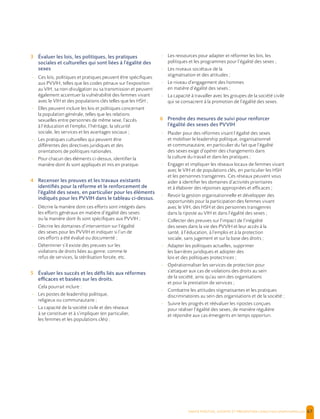  , | 67
3 Évaluer les lois, les politiques, les pratiques
sociales et culturelles qui sont liées à l’égalité des
sexes
- Ces lois, politiques et pratiques peuvent être spécifiques
aux PVVIH, telles que les codes pénaux sur l’exposition
au VIH, sa non-divulgation ou sa transmission et peuvent
également accentuer la vulnérabilité des femmes vivant
avec le VIH et des populations clés telles que les HSH ;
- Elles peuvent inclure les lois et politiques concernant
la population générale, telles que les relations
sexuelles entre personnes de même sexe, l’accès
à l’éducation et l’emploi, l’héritage, la sécurité
sociale, les services et les avantages sociaux ;
- Les pratiques culturelles qui peuvent être
différentes des directives juridiques et des
orientations de politiques nationales.
- Pour chacun des éléments ci-dessus, identifier la
manière dont ils sont appliqués et mis en pratique.
4 Recenser les preuves et les travaux existants
identifiés pour la réforme et le renforcement de
l’égalité des sexes, en particulier pour les éléments
indiqués pour les PVVIH dans le tableau ci-dessus.
- Décrire la manière dont ces efforts sont intégrés dans
les efforts généraux en matière d’égalité des sexes
ou la manière dont ils sont spécifiques aux PVVIH ;
- Décrire les domaines d’intervention sur l’égalité
des sexes pour les PVVIH et indiquer si l’un de
ces efforts a été évalué ou documenté ;
- Déterminer s’il existe des preuves sur les
violations de droits liées au genre, comme le
refus de services, la stérilisation forcée, etc.
5 Évaluer les succès et les défis liés aux réformes
efficaces et basées sur les droits.
Cela pourrait inclure :
- Les postes de leadership politique,
religieux ou communautaire ;
- La capacité de la société civile et des réseaux
à se constituer et à s’impliquer (en particulier,
les femmes et les populations clés) ;
- Les ressources pour adapter et réformer les lois, les
politiques et les programmes pour l’égalité des sexes ;
- Les niveaux sociétaux de la
stigmatisation et des attitudes ;
- Le niveau d’engagement des hommes
en matière d’égalité des sexes ;
- La capacité à travailler avec les groupes de la société civile
qui se consacrent à la promotion de l’égalité des sexes.
6 Prendre des mesures de suivi pour renforcer
l’égalité des sexes des PVVIH
- Plaider pour des réformes visant l’égalité des sexes
et mobiliser le leadership politique, organisationnel
et communautaire, en particulier du fait que l’égalité
des sexes exige d’opérer des changements dans
la culture du travail et dans les pratiques ;
- Engager et impliquer les réseaux locaux de femmes vivant
avec le VIH et de populations clés, en particulier les HSH
et les personnes transgenres. Ces réseaux peuvent vous
aider à identifier les domaines d’activités prioritaires
et à élaborer des réponses appropriées et efficaces ;
- Revoir la gestion organisationnelle et développer des
opportunités pour la participation des femmes vivant
avec le VIH, des HSH et des personnes transgenres
dans la riposte au VIH et dans l’égalité des sexes ;
- Collecter des preuves sur l’impact de l’inégalité
des sexes dans la vie des PVVIH et leur accès à la
santé, à l’éducation, à l’emploi et à la protection
sociale, sans jugement et sur la base des droits ;
- Adapter les politiques actuelles, supprimer
les barrières juridiques et adopter des
lois et des politiques protectrices ;
- Opérationnaliser les services de protection pour
s’attaquer aux cas de violations des droits au sein
de la société, ainsi qu’au sein des organisations
et pour la prestation de services ;
- Combattre les attitudes stigmatisantes et les pratiques
discriminatoires au sein des organisations et de la société ;
- Suivre les progrès et réévaluer les ripostes conçues
pour réaliser l’égalité des sexes, de manière régulière
et répondre aux cas émergents en temps opportun.
